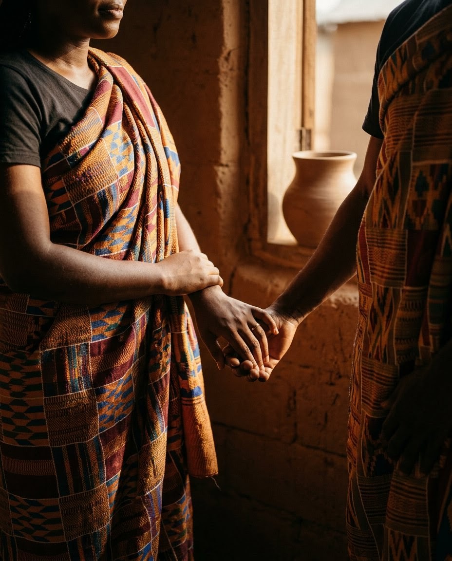 AI_IMAGE: A couple standing close together indoors, the woman's hand resting over the man's hand with a slim wedding band visible on her finger, both dressed in woven kente cloth over simple clothing, faces partly cropped so the joined hands are the focal point. | contained portrait photograph beside an introductory text column on a pricing page | photorealistic | card-portrait
